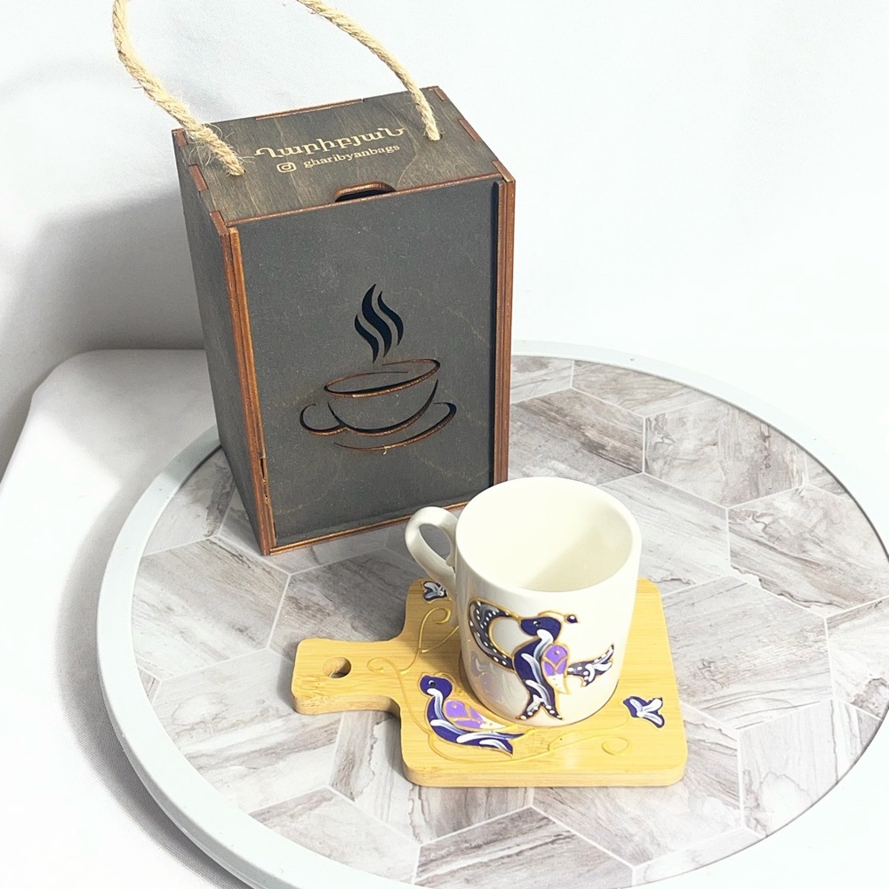 Hand Painted Bird Coffee Mug w Bamboo Coaster Gift Set Rustic Box